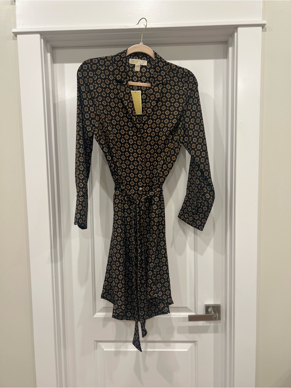 Michael Kors Black Wrap Dress with Tan Geometric Print